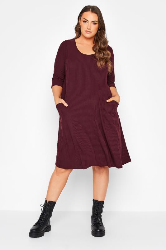 Curve Berry Red Ribbed Drape Pocket Dress | Yours Clothing 2