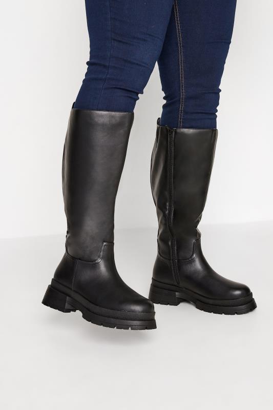 Plus Size  LIMITED COLLECTION Black Faux Leather Pull On Knee High Boots In Extra Wide Fit