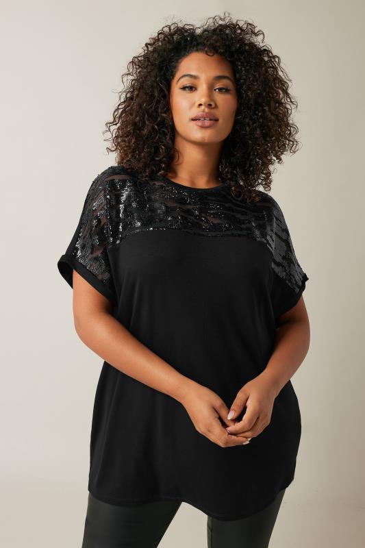 EVANS Plus Size Black Sequin Embellished T-Shirt | Evans 3