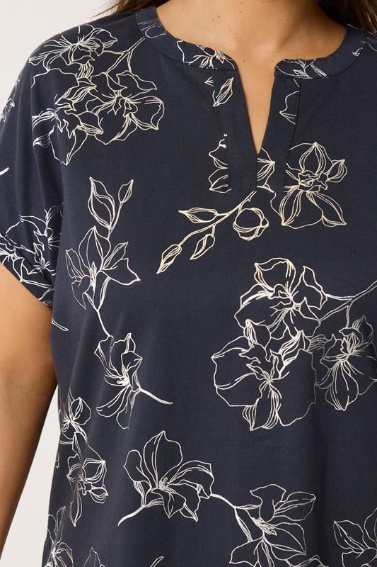 YOURS Plus Size Black Floral Foil Notch Neck Top | Yours Cloting 4