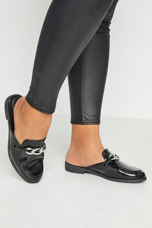 LIMITED COLLECTON Black Patent Chain Mules In Extra Wide Fit | Yours Clothing 1