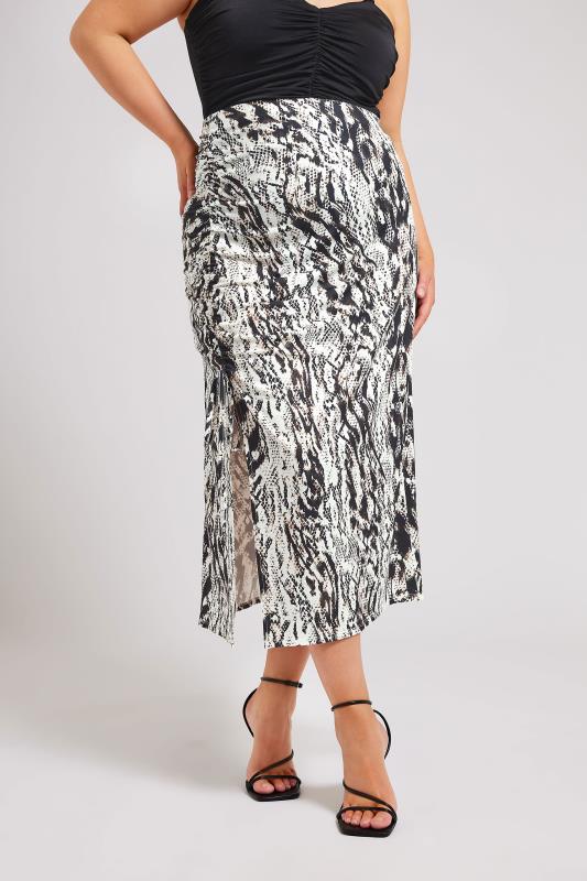 YOURS LONDON Plus Size White Snake Print Ruched Skirt | Yours Clothing 1