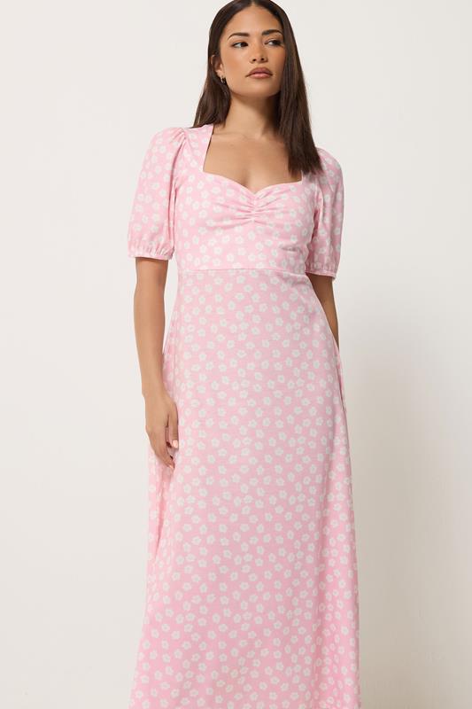 PixieGirl Petite Women's Pink Floral Ruched Midi Dress | PixieGirl 1