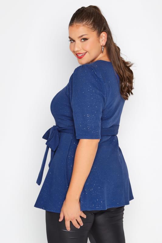 YOURS LONDON Plus-Size Curve Blue Glitter Peplum Top | Yours Clothing 3