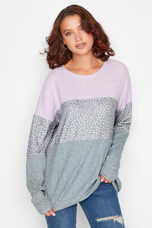 LTS Tall Women's Grey Animal Print Colour Block Sweatshirt | Long Tall Sally 1