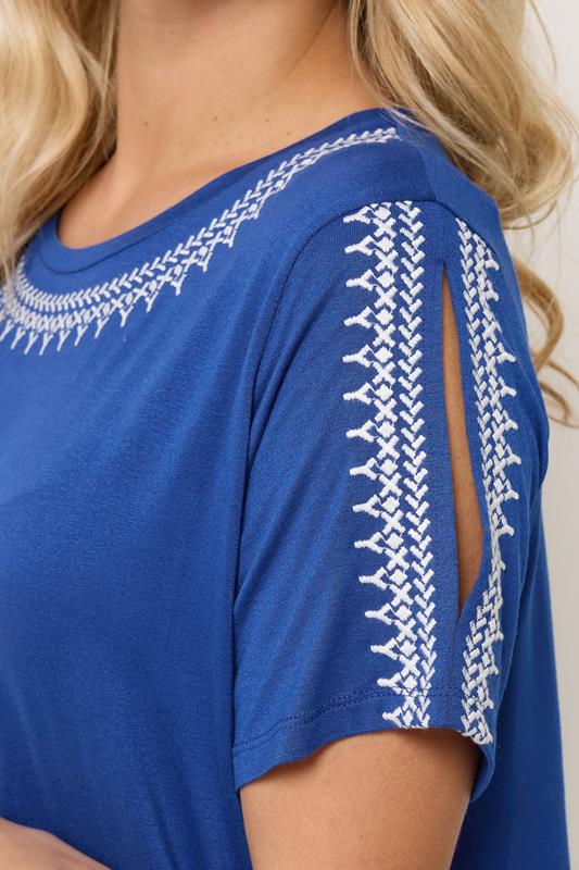 YOURS Plus Size Blue Embroidered Cold Shoulder T-Shirt | Yours Clothing 4
