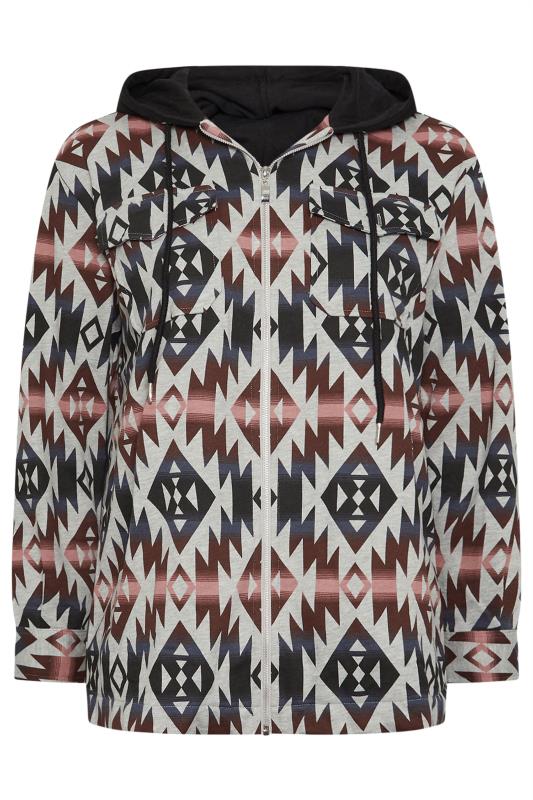 YOURS Plus Size Grey Aztec Print Hooded Shacket | Yours Clothing 6