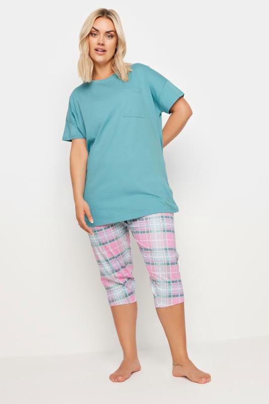 YOURS Plus Size Blue Check Print Cropped Pyjama Set | Yours Clothing 1