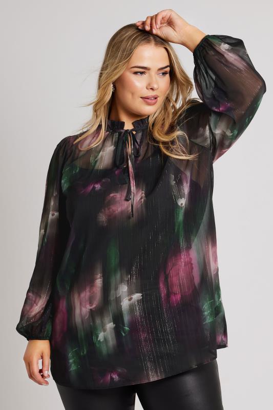 YOURS LONDON Plus Size Black Blur Floral Print Mesh Blouse | Yours Clothing 2