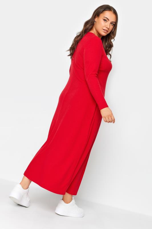 YOURS Curve Red Ribbed Long Sleeve Swing Dress | Yours Clothing 3
