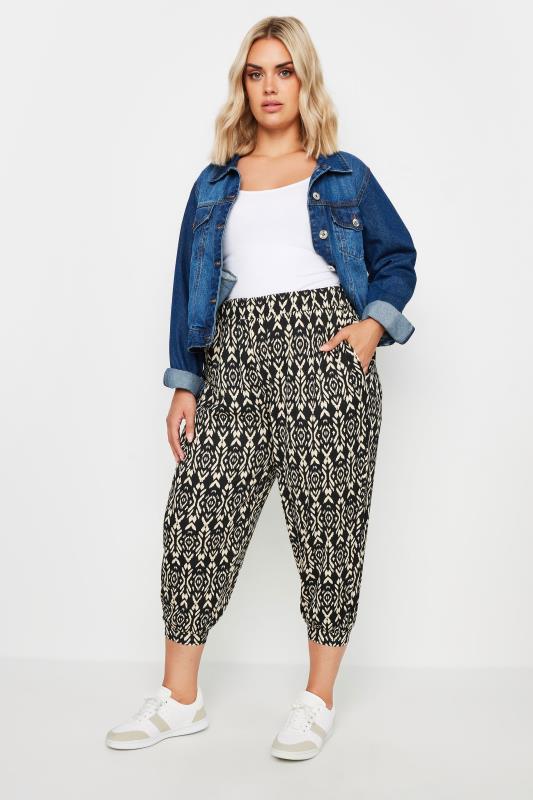 YOURS Plus Size Black Ikat Print Textured Cropped Harem Trousers | Yours Clothing 2