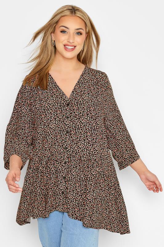 Plus Size Black Ditsy Print Button Through Blouse | Yours Clothing 1