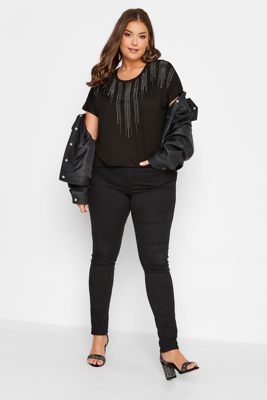 Plus Size Black Studded Neckline Top | Yours Clothing 2