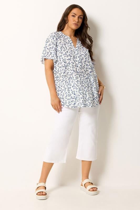 YOURS Plus Size White Ditsy Floral Notch Neck Top | Yours Clothing 1