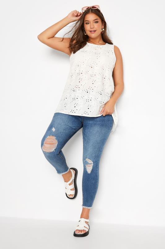 Plus Size White Broderie Anglaise Dipped Hemline Vest Top | Yours Clothing 2