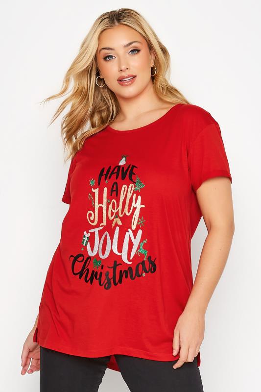 Plus Size Red 'Holly Jolly' Glitter Slogan Christmas T-Shirt | Yours Clothing 1