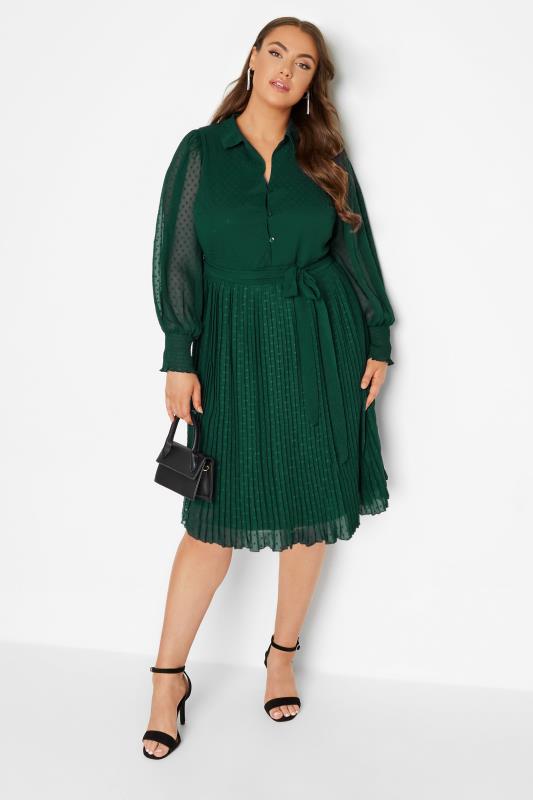 YOURS LONDON Curve Forest Green Dobby Pleat Shirt Midi Dress 2