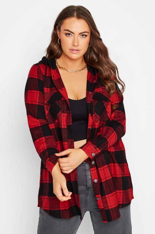 Plus Size  Curve Red Check Hooded Shirt