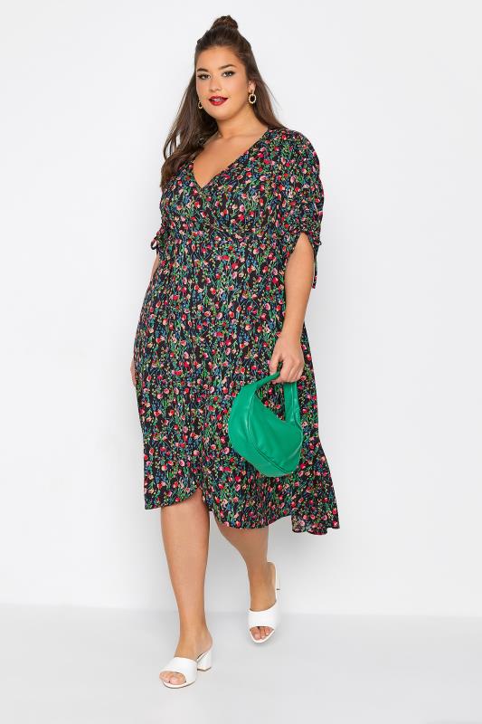 LIMITED COLLECTION Plus Size Floral Print Wrap Ruched Tea Dress | Yours Clothing 1