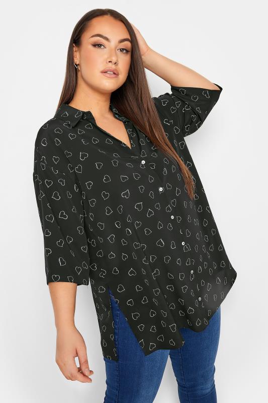 YOURS Plus Size Black Heart Print Shirt | Yours Clothing 1
