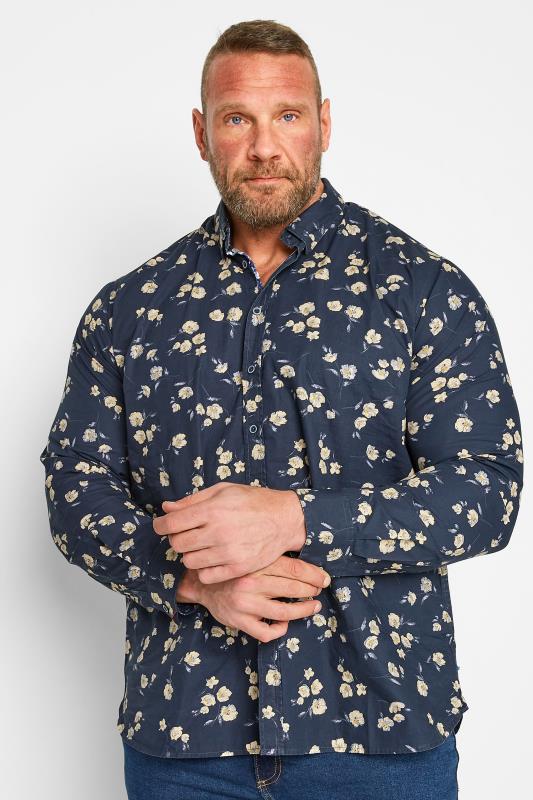 D555 Big & Tall Navy Blue Floral Print Long Sleeve Shirt | BadRhino 1