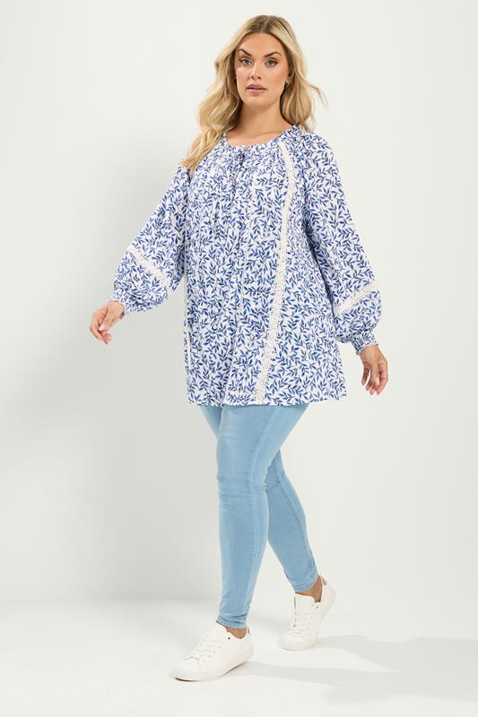 YOURS Plus Size Blue Leaf Pintuck Blouse | Yours Clothing 2