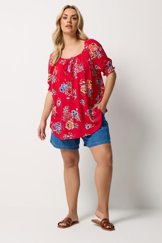 YOURS Plus Size Red Floral Tie Neck Blouse | Yours Clothing 1