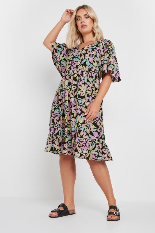 YOURS Plus Size Black & Pink Floral Print Smock Dress | Yours Clothing 2