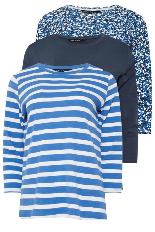  M&Co 3 PACK Blue Stripe & Animal Print Cotton Crew Neck Tops
