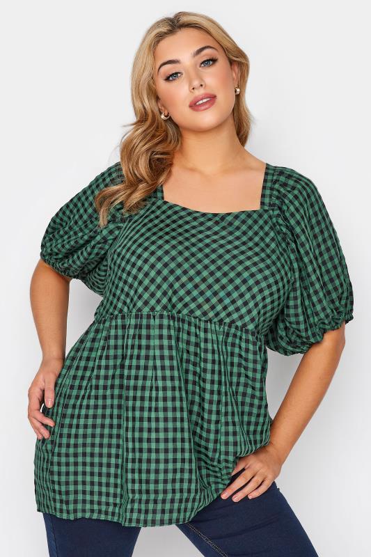  Tallas Grandes LIMITED COLLECTION Curve Green Gingham Milkmaid Peplum Top