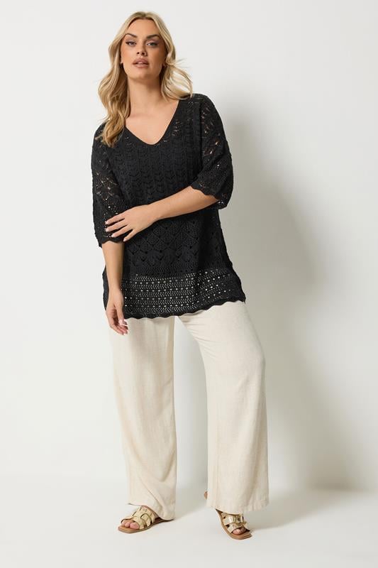 YOURS Plus Size Black Crochet Crew Neck Top | Yours Clothing 1