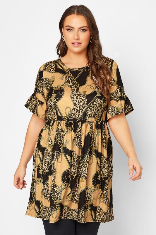 Plus Size  Curve Yellow Leopard Print Patterned Tunic Dress