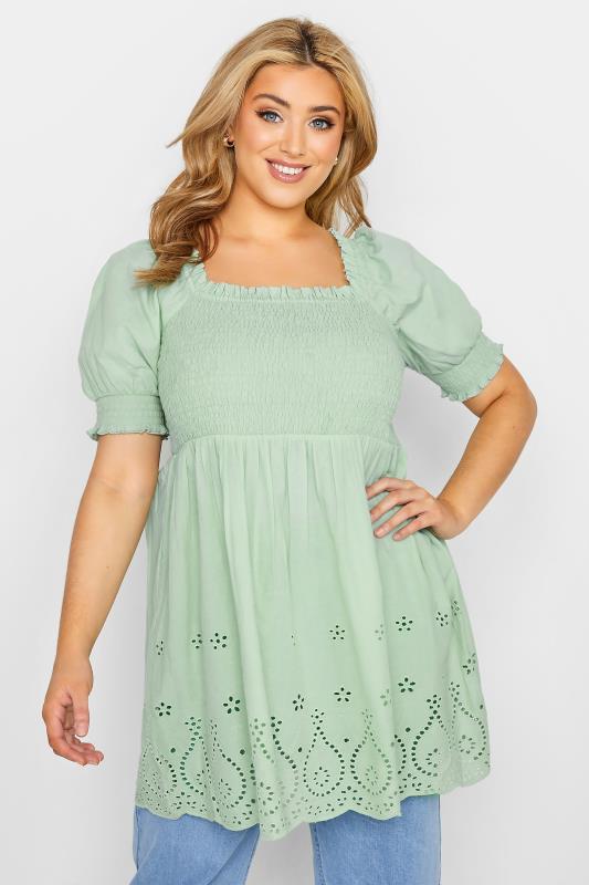 Plus Size Sage Green Shirred Broderie Anglaise Top | Yours Clothing 1