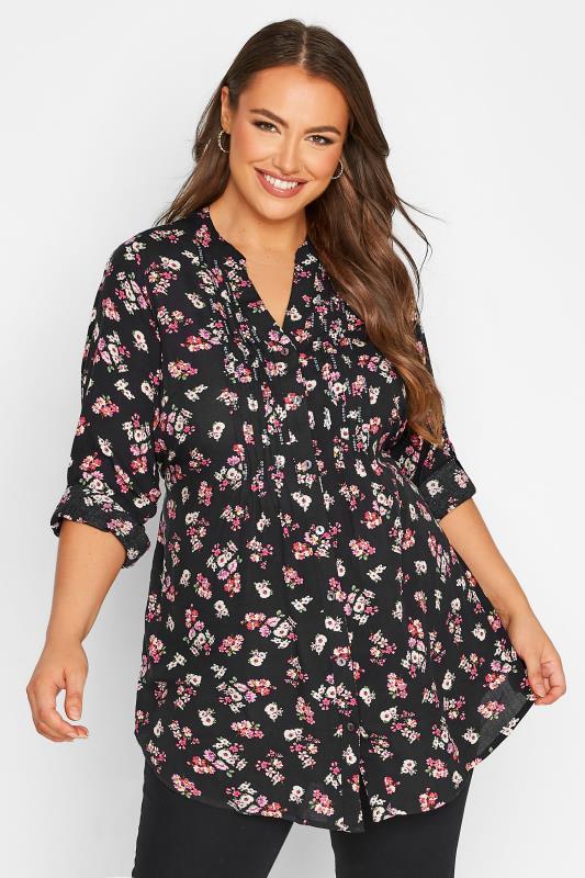 Plus Size Black Floral Print Pintuck Shirt | Yours Clothing