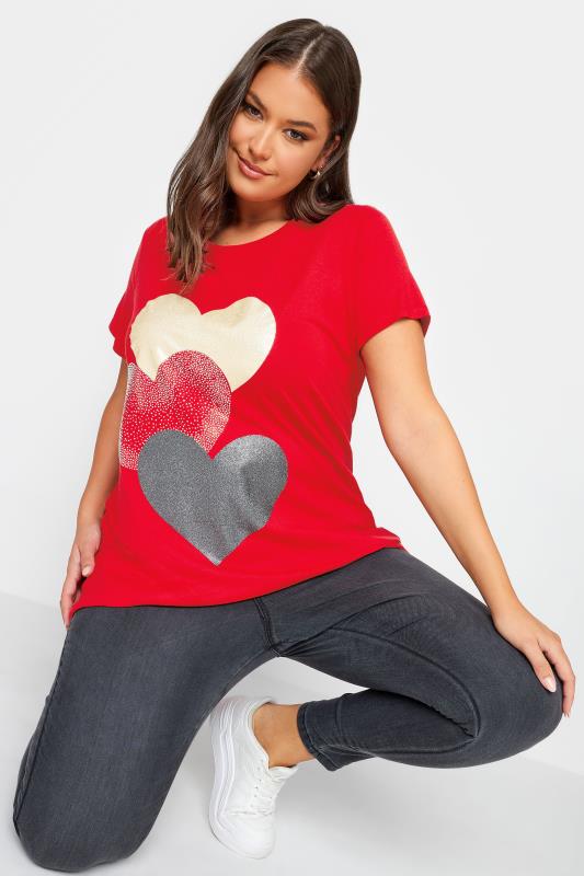 YOURS Curve Plus Size Red Glitter Heart Print T-Shirt | Yours Clothing  4