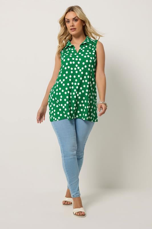 YOURS Plus Size Green Polka Dot Collared Vest Top | Yours Clothing 1