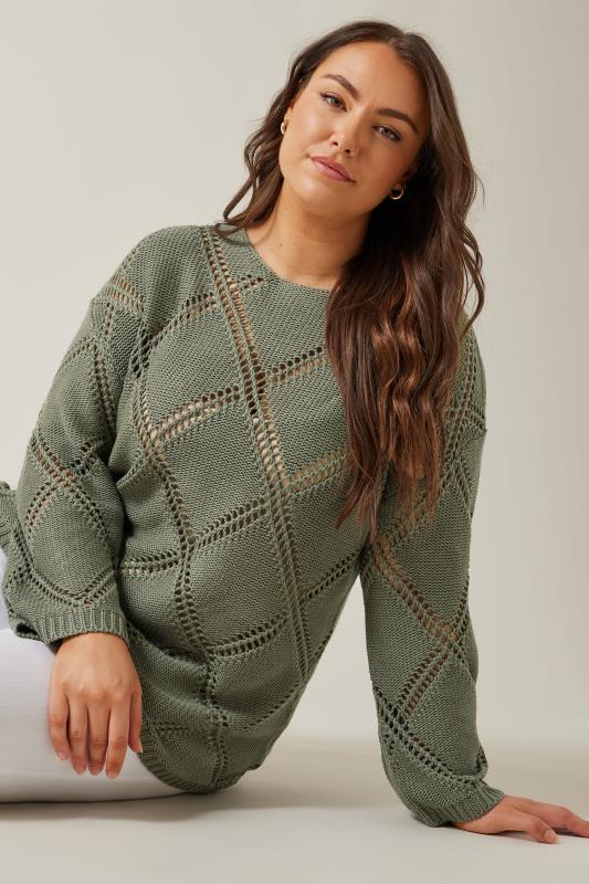 Plus Size  EVANS Curve Khaki Green Diamond Pointelle Jumper