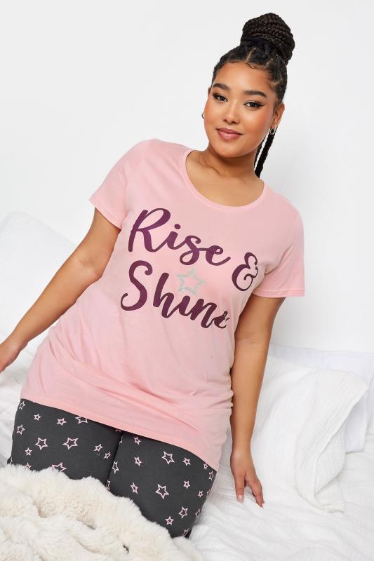 YOURS Plus Size Pink 'Rise & Shine' Star Print Pyjama Set | Yours Clothing 4