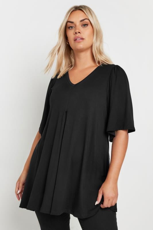 Plus Size Black Pleat Angel Sleeve Swing Top | Yours Clothing 1