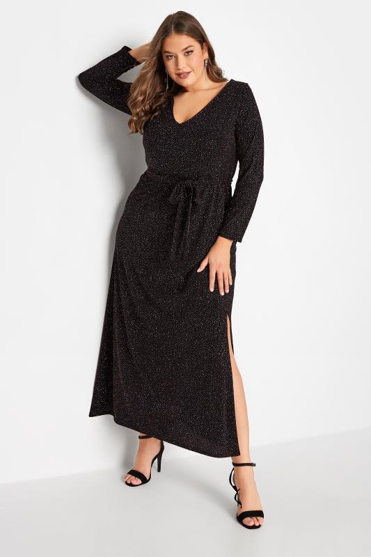YOURS LONDON Plus Size Black & Pink Glitter Party Maxi Dress | Yours Clothing 1