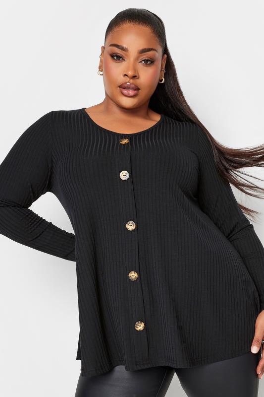 Plus Size  LIMITED COLLECTION Curve Black Ribbed Button Up Long Sleeve Top
