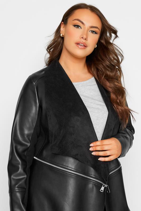 Curve Black Zip Detail Waterfall Faux Leather Jacket 5
