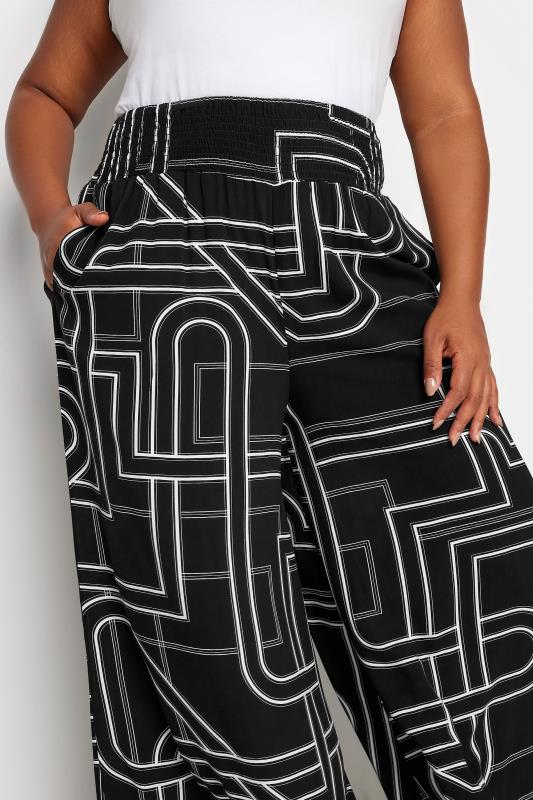YOURS Plus Size Black Abstract Print Shirred Wide Leg Trousers | Yours Clothing 5