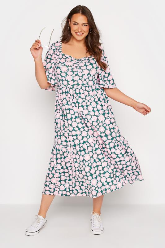 Plus Size Pink Daisy Print Square Neck Midaxi Dress | Yours Clothing 1