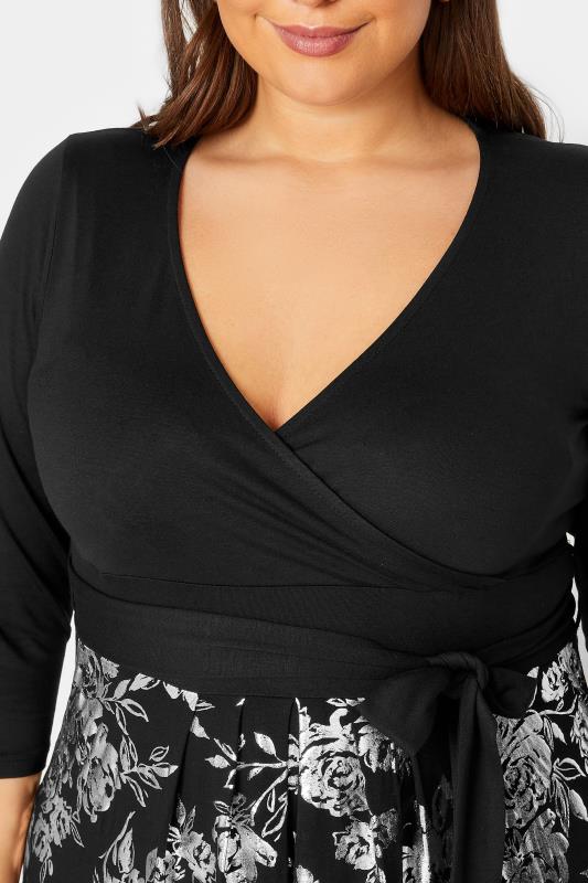 YOURS LUXURY Plus Size Black & Silver Foil Floral Print Wrap Dress | Yours Clothing 5