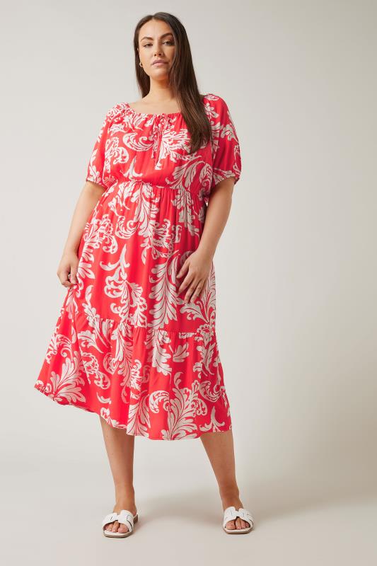 EVANS Plus Size Red Abstract Print Tiered Midi Dress | Evans  2