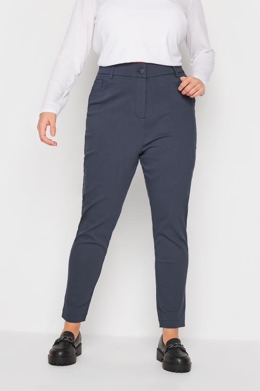 Curve Plus Size Navy Blue Bengaline Slim Leg Trousers | Yours Clothing 1