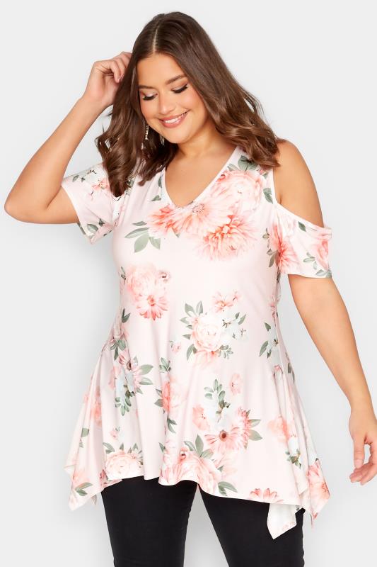 YOURS LONDON Plus Size Light Pink Floral Print Cold Shoulder Top | Yours Clothing 1