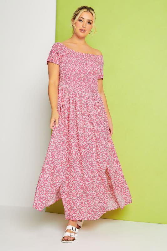 YOURS Plus Size Pink Ditsy Floral Bardot Maxi Dress | Yours Clothing 1