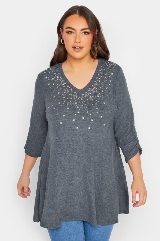 YOURS Plus Size Blue Star Embellished Jersey Top | Yours Clothing 1